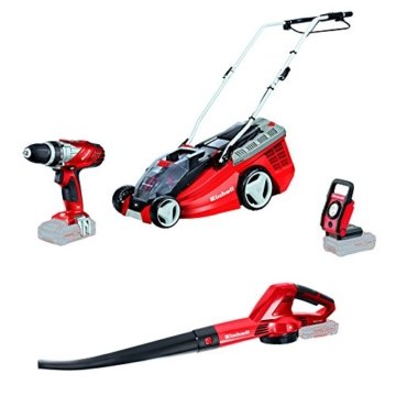 Einhell 8-faches Power X-Change Starter Set (inkl. Akku-Rasenmäher, Bohrschrauber, Laubbläser und Lampe, 2 x 18 V Akkus 3,0 Ah, 2 Schnell-Ladegeräte) -