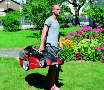 Einhell Elektro Rasenmäher GE-EM 1843 HW (1800 W, 43 cm Schnittbreite, 6-fache Schnitthöhenverstellung 25-75 mm, 63 l Fangbox, Highwheeler) - 