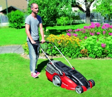 Einhell Elektro Rasenmäher GE-EM 1843 HW (1800 W, 43 cm Schnittbreite, 6-fache Schnitthöhenverstellung 25-75 mm, 63 l Fangbox, Highwheeler) - 