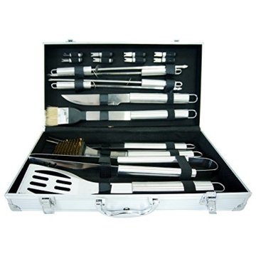 18 teiliges Grillbesteck Barbecue - Utensilien aus Edelstahl für den Grill mit Aluminiumkoffer - 