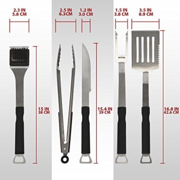 (5er SET) ORIGINAL FLAMEN Grill, BBQ, GRILLBESTECK u. ROBUSTES WERKZEUG SET, Zange, Wender, Fleischmesser, Bürste, Gabel, aus HOCHWERTIGEM u. GEHÄRTETEM EDELSTAHLSTAHL für HOBBY u. PROFI GRILLER - 