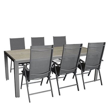 7tlg. Gartengarnitur, Aluminium Gartentisch mit Polywood-Tischplatte Grau 205x90cm + 6x Aluminium-Hochlehner mit Textilenbespannung, 7-fach verstellbar, klappbar, anthrazit / Sitzgruppe Sitzgarnitur Gartenmöbel Terrassenmöbel -