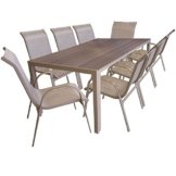 9tlg Gartengarnitur Sitzgruppe Gartenmöbel Set Aluminium Gartentisch mit Polywood Tischplatte 205x90cm Stapelstuhl pulverbeschichtet mit Textilenbespannung Champagner -