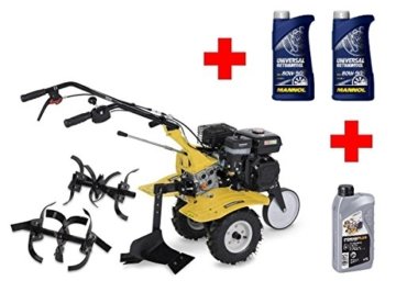 Benzin Gartenfräse / Kultivator 6 PS mit Pflug + 1 l Motoröl + 2 l Getriebeöl -