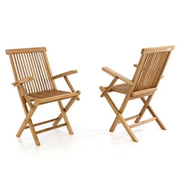 DIVERO 2er-Set Klappstuhl Teakstuhl Gartenstuhl Teak Holz Stuhl mit Armlehne für Terrasse Balkon Wintergarten witterungsbeständig behandelt massiv klappbar natur -
