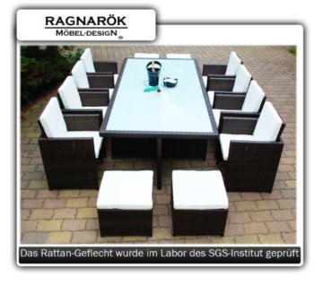 Gartenmöbel PolyRattan Essgruppe Tisch mit 8 Stühlen & 4 Hocker DEUTSCHE MARKE -- EIGNENE PRODUKTION Garten Möbel incl. Glas und Sitzkissen Ragnarök-Möbeldesign braun -