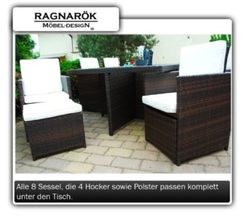 Gartenmöbel PolyRattan Essgruppe Tisch mit 8 Stühlen & 4 Hocker DEUTSCHE MARKE -- EIGNENE PRODUKTION Garten Möbel incl. Glas und Sitzkissen Ragnarök-Möbeldesign braun - 