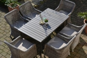 Gartenmöbel Set Como-6 Tisch ausziehbar Holzdekor mit 6 Sessel Rattan Polyrattan Geflecht - 