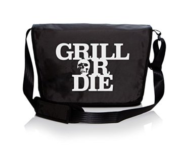 GRILL OR DIE® Grilltasche ★ Messenger Bag schwarz mit weissen Aufdruck in Premium-Qualität ★ BBQ Grill Zubehör passt ideal zu Grillschürze (TASCHE 13", Schwarz) -