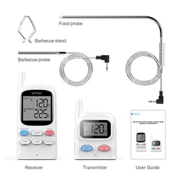 Grill thermometer,Vinsic® Fleischthermometer 2 Fühler 100m Fernbedienung Entfernung wiederaufladbarer BBQ Thermometer, Raucher, Grill, Ofen, Funkthermometer Grill-Weiß - 