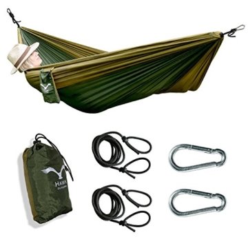 HAWK Outdoor Ultra-light Reise-Hängematte aus Fallschirm-Seide 200kg Traglast Set mit Befestigung - 2 Karabiner und 2 Seile - Reise, Camping, Garten, Trekking, Strand, Travel-Hammock -