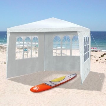 JOM 127134 Gartenpavillon 3 x 3 m, Durchmesser 24/18 mm, inklusive 4 Seitenwände, 3x Fenster, 1x Tür mit Reisverschluss, Material PE 110G, Metallgestänge beschichtet, Kunststoffverbinder, Wasserdicht, Heringe und Seile, weiß - 
