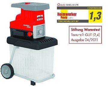 Leise Walzenhäcksler GRIZZLY GHS 2842 B, mit transparenter Auffangbox, extra leise, kraftvoller 2800 Watt Motor, einfache Handhabung, mit Räder, leicht zu transportieren, Stiftung Warentest 04/2011 "gut", Heimwerkerpraxis Test Note 1,3 -