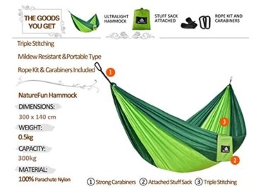 NatureFun Ultraleichte Camping Hängematte / 300kg Tragfähigkeit, （300 x 140 cm) Atmungsaktiv, schnell trocknende Fallschirm Nylon / Enthalten 2 x Premium Karabinerhaken 2x Nylonschlingen / Fürs Freie oder einen Innengarten / 100% Geld zurück Garantie - 