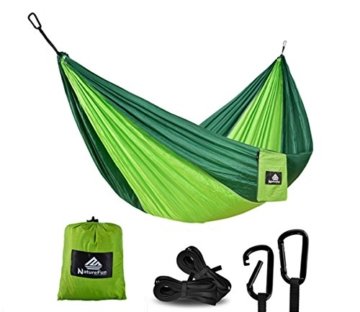 NatureFun Ultraleichte Camping Hängematte / 300kg Tragfähigkeit, （300 x 140 cm) Atmungsaktiv, schnell trocknende Fallschirm Nylon / Enthalten 2 x Premium Karabinerhaken 2x Nylonschlingen / Fürs Freie oder einen Innengarten / 100% Geld zurück Garantie -