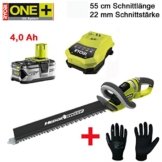 RYOBI ONE+ 18V Akku Heckenschere OHT 1855 R - inklusive 4,0 Ah Lithium-Ionen-Akku, Schnellladegerät und 1 Paar Gartenhandschuhe -