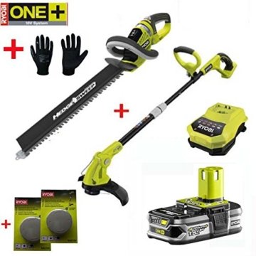 RYOBI ONE+ 18V Akku Rasentrimmer OLT 1831 S + Heckenschere OHT 1855 R inkl. 1,5Ah Lithium-Ionen-Akku, Schnellladegerät, 2 Ersatz-Fadenspulen und 1 Paar Gartenhandschuhe -