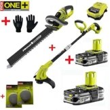 RYOBI ONE+ 18V Akku Rasentrimmer OLT 1831 S + Heckenschere OHT 1855 R inkl. 2 Stück 1,5Ah Lithium-Ionen-Akku, Schnellladegerät, 2 Ersatz-Fadenspulen und 1 Paar Gartenhandschuhe -