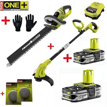 RYOBI ONE+ 18V Akku Rasentrimmer OLT 1831 S + Heckenschere OHT 1855 R inkl. 2 Stück 1,5Ah Lithium-Ionen-Akku, Schnellladegerät, 2 Ersatz-Fadenspulen und 1 Paar Gartenhandschuhe -