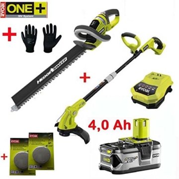 RYOBI ONE+ 18V Akku Rasentrimmer OLT 1831 S + Heckenschere OHT 1855 R inkl. 4,0Ah Lithium-Ionen-Akku, 2 Ersatz-Fadenspulen und 1 Paar Gartenhandschuhe -
