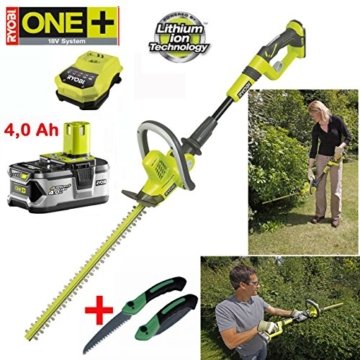 RYOBI ONE+ 18V Akku Winkel Heckenschere OHT 1850 X inklusive 4,0 Ah Lithium-Ionen-Akku, Schnellladegerät und Garten-Faltsäge -