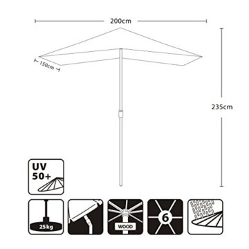 Sekey® 200 × 150 cm Holz-Sonnenschirm Marktschirm Gartenschirm Terrassenschirm Sonnenschutz UV50+ Taupe Quadratisch - 