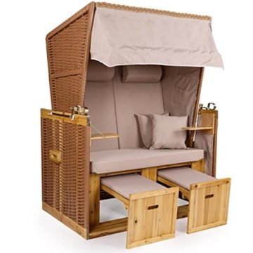 Strandkorb Deluxe Polyrattan Sylt Ostsee Volllieger inkl. 4 x Kissen XL120cm Beige Unifarben -