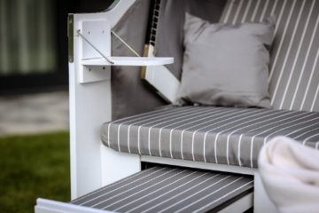 Strandkorb Fehmarn ausziehbare Fußstütze, Kissen, grau - weiss, inkl. Versand - 
