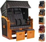 Strandkorb Ostsee XXL Volllieger in der Farbe grau blau braun, Korpus schwarz mit Schutzhülle, Strandkörbe aus Holz und Poly-Rattan ideal für Garten und Terrasse, Premium Strandstuhl Abdeckhaube 120cm -