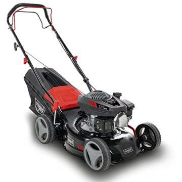 Scheppach Benzin Rasenmäher MS132-42 | Schnittbreite 42cm | Radantrieb | 3,4 PS | Stahlgehäuse | Reinigungsfunktion | Mulchfunktion | 45 Liter Fangkorb | Höhenverstellung in 7 Stufen (25 - 75mm) - 2