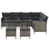 Juskys Polyrattan Lounge Manacor grau-meliert — Gartenlounge mit Sofa, Tisch, 2 Hocker & Kissen — Gartenmöbel Set bis 7 Personen — Sitzbezüge in Grau - 1