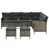 Juskys Polyrattan Lounge Manacor grau-meliert — Gartenlounge mit Sofa, Tisch, 2 Hocker & Kissen — Gartenmöbel Set bis 7 Personen — Sitzbezüge in Grau - 1
