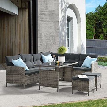 Juskys Polyrattan Lounge Manacor grau-meliert — Gartenlounge mit Sofa, Tisch, 2 Hocker & Kissen — Gartenmöbel Set bis 7 Personen — Sitzbezüge in Grau - 6