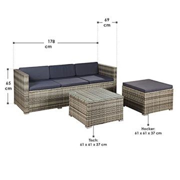 Juskys Polyrattan Lounge Punta Cana M grau-meliert — Gartenlounge Set für 3-4 Personen — Gartenmöbel-Set mit Sofa, Tisch und Hocker - Sitzbezüge in Dunkelgrau - 2