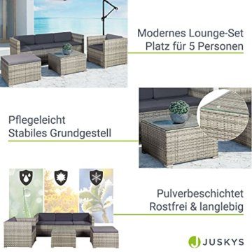 Juskys Polyrattan Lounge Punta Cana M grau-meliert — Gartenlounge Set für 3-4 Personen — Gartenmöbel-Set mit Sofa, Tisch und Hocker - Sitzbezüge in Dunkelgrau - 4