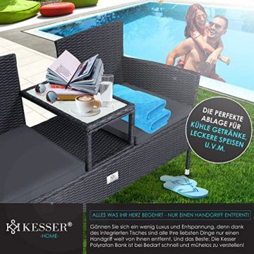 KESSER® Polyrattan Gartenbank 2-Sitzer Bank mit integriertem inkl. Tisch & Kissen - 133 × 63 × 84 cm - Rattan Sitzbank Garten Balkon Gartensofa wetterfest Sitzgruppe Ultra Stabile, Anthrazit - 5