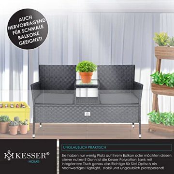 KESSER® Polyrattan Gartenbank 2-Sitzer Bank mit integriertem inkl. Tisch & Kissen - 133 × 63 × 84 cm - Rattan Sitzbank Garten Balkon Gartensofa wetterfest Sitzgruppe Ultra Stabile, Anthrazit - 6