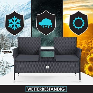 KESSER® Polyrattan Gartenbank 2-Sitzer Bank mit integriertem inkl. Tisch & Kissen - 133 × 63 × 84 cm - Rattan Sitzbank Garten Balkon Gartensofa wetterfest Sitzgruppe Ultra Stabile, Anthrazit - 8