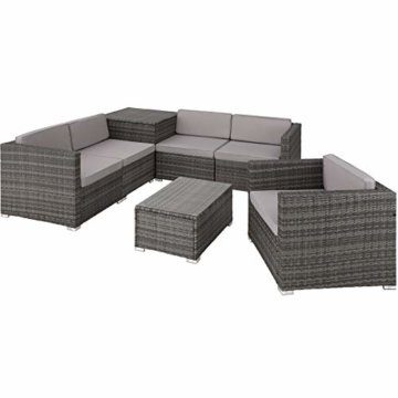 TecTake 800825 XXL Polyrattan Sitzgruppe, frei zu gruppierende Elemente, inkl. Aufbewahrungsbox mit Hubautomatik für Polster, Tisch mit Glasplatte (Grau | Nr. 403829) - 1