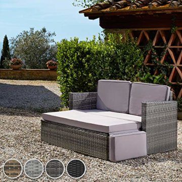 TecTake 800884 Poly Rattan Lounge Set, 2-Sitzer Sofa mit Rückenlehne, großer Hocker mit klappbarer Stütze, inkl. Dicke Auflagen, Gartenmöbel Set für Garten & Terrasse (Grau | Nr. 403884) - 2