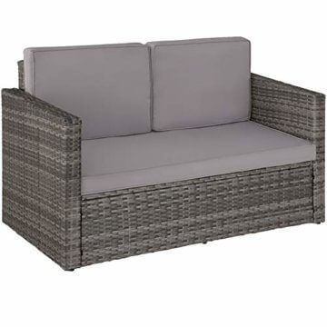 TecTake 800884 Poly Rattan Lounge Set, 2-Sitzer Sofa mit Rückenlehne, großer Hocker mit klappbarer Stütze, inkl. Dicke Auflagen, Gartenmöbel Set für Garten & Terrasse (Grau | Nr. 403884) - 4