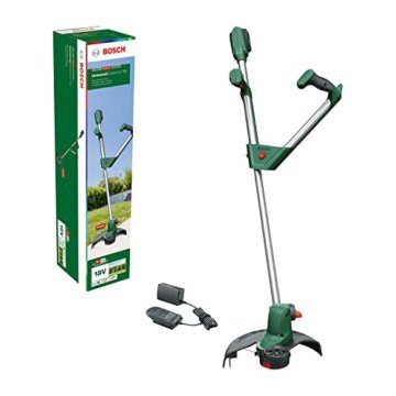 Bosch Akku Rasentrimmer UniversalGrassCut 18V-260 (1x Akku 2,0 Ah, 18 Volt System, Schnittkreisdurchmesser: 26 cm, verstellbare Handgriffe, im Karton) & Bosch Akku Pack PBA 18V 4.0Ah W-C - 2