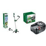 Bosch Akku Rasentrimmer UniversalGrassCut 18V-260 (1x Akku 2,0 Ah, 18 Volt System, Schnittkreisdurchmesser: 26 cm, verstellbare Handgriffe, im Karton) & Bosch Akku Pack PBA 18V 4.0Ah W-C - 1