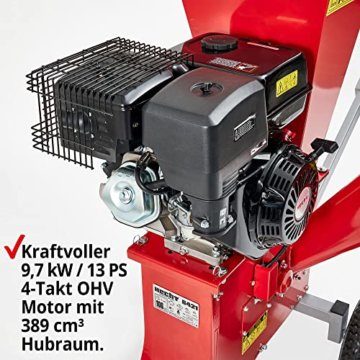 HECHT Benzin Häcksler groß mit kraftvollem 13 PS 4 - Takt Motor & 389 ccm – Schredder ideal für Gartenabfälle, Ast werk & Holz bis zu 89 mm Durchmesser – mit zwei Einfülltrichter, Fahrwerk, Deichsel - 3