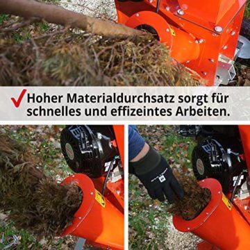 HECHT Benzin Häcksler groß mit kraftvollem 13 PS 4 - Takt Motor & 389 ccm – Schredder ideal für Gartenabfälle, Ast werk & Holz bis zu 89 mm Durchmesser – mit zwei Einfülltrichter, Fahrwerk, Deichsel - 5