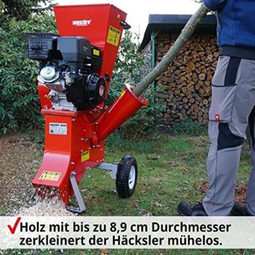 HECHT Benzin Häcksler groß mit kraftvollem 13 PS 4 - Takt Motor & 389 ccm – Schredder ideal für Gartenabfälle, Ast werk & Holz bis zu 89 mm Durchmesser – mit zwei Einfülltrichter, Fahrwerk, Deichsel - 6