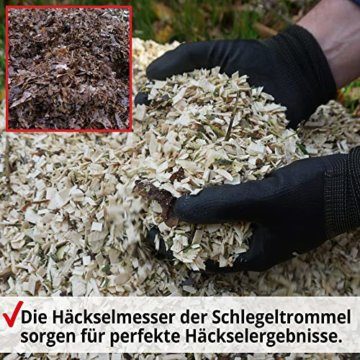 HECHT Benzin Häcksler groß mit kraftvollem 13 PS 4 - Takt Motor & 389 ccm – Schredder ideal für Gartenabfälle, Ast werk & Holz bis zu 89 mm Durchmesser – mit zwei Einfülltrichter, Fahrwerk, Deichsel - 7