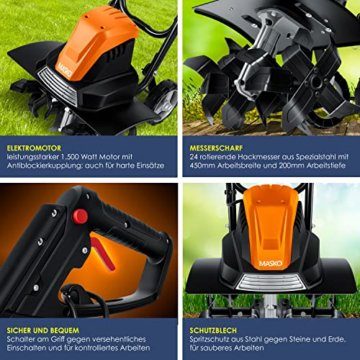 MASKO® elektrische Motorhacke 1500 Watt | 45cm Arbeitsbreite 20cm Arbeitstiefe | Bodenhacke | Ackerfräse Kultivator Gartenfräse | Elektro Hacke | klappbarer Handgriff | Metallgehäuse | Transporträder - 3