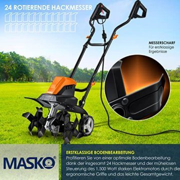 MASKO® elektrische Motorhacke 1500 Watt | 45cm Arbeitsbreite 20cm Arbeitstiefe | Bodenhacke | Ackerfräse Kultivator Gartenfräse | Elektro Hacke | klappbarer Handgriff | Metallgehäuse | Transporträder - 4