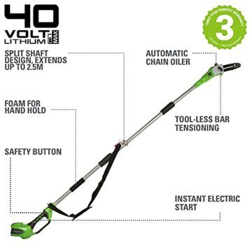 Greenworks Tools Akku-Hochentaster (Li-Ion 40V 20cm Schwertlänge 8 m/s Kettengeschwindigkeit Teleskop-Alustange 3-teilig inklusive 2 Ah Akku und Ladegerät), 20157UA, Grün - 2